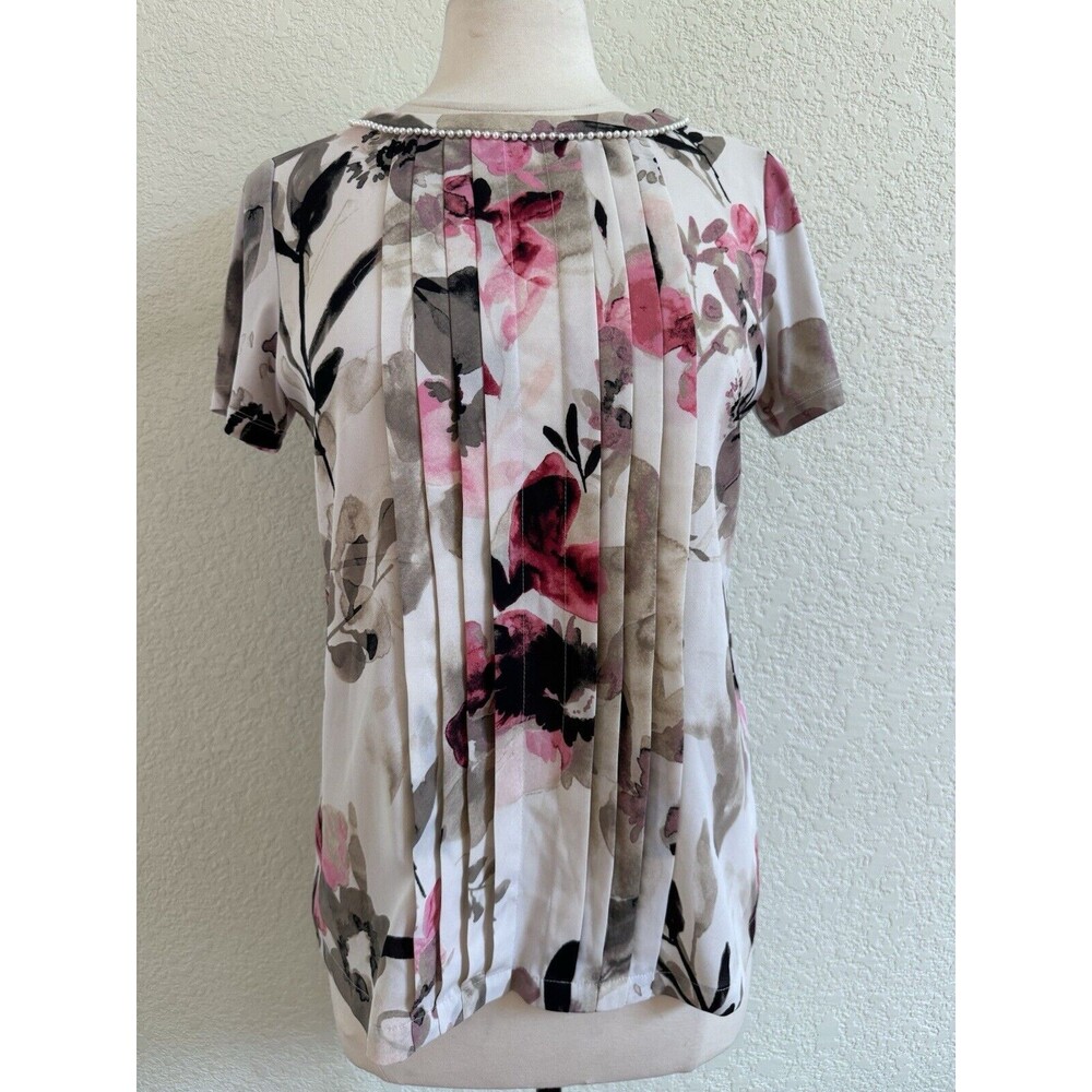 Karl Lagerfeld Paris Monroe Pleated Pearled Crewneck Floral Blouse Sz S Textured